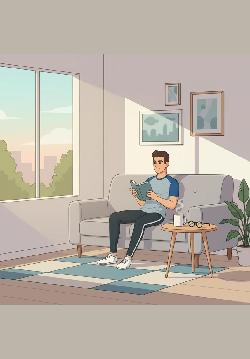 Al final de la tarde, Mateo regresa a su hogar y se relaja en el sofá con un libro interesante. Él se quita los zapatos y disfruta de un momento de calma bajo la luz cálida de su lámpara.