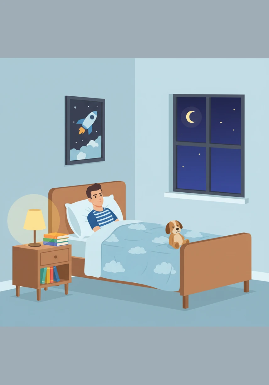 Finalmente, cuando llega la noche, Mateo se pone el pijama y se acuesta en su cama cómoda. Él cierra los ojos, se duerme profundamente y sueña con las aventuras del próximo día.