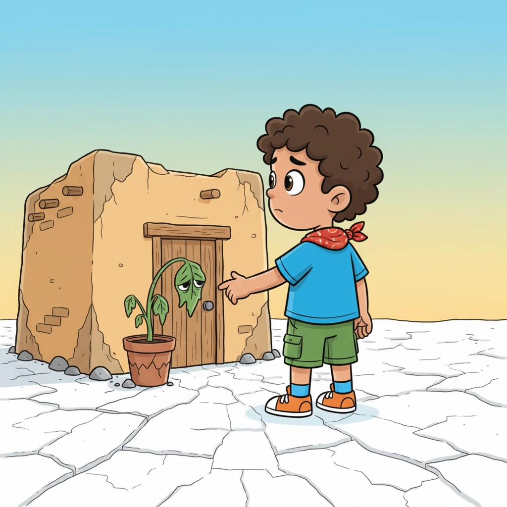 Mateo stood small against his old adobe home, which already seemed to shrink behind him. The once-brown, fertile earth of Dry Valley was now a stark, cracked white, baking under a relentless sun. Three years without rain had turned their world dusty and barren, forcing his family to seek a new life. A single, wilted plant drooped sadly by the doorway, a poignant symbol of what they were leaving behind.