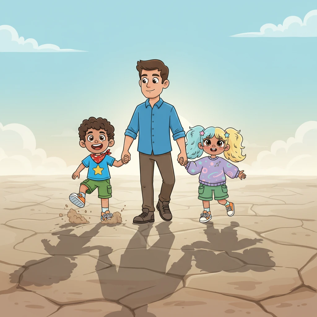 The family began their trek across the parched land, their colorful clothes a vibrant contrast against the muted browns and grays of the dusty plains. Mateo clutched his father's hand, his small feet kicking up puffs of fine, dry soil with every step. The sun beat down, turning the horizon into a shimmering mirage, but they pressed onward, their shadows stretching long before them.