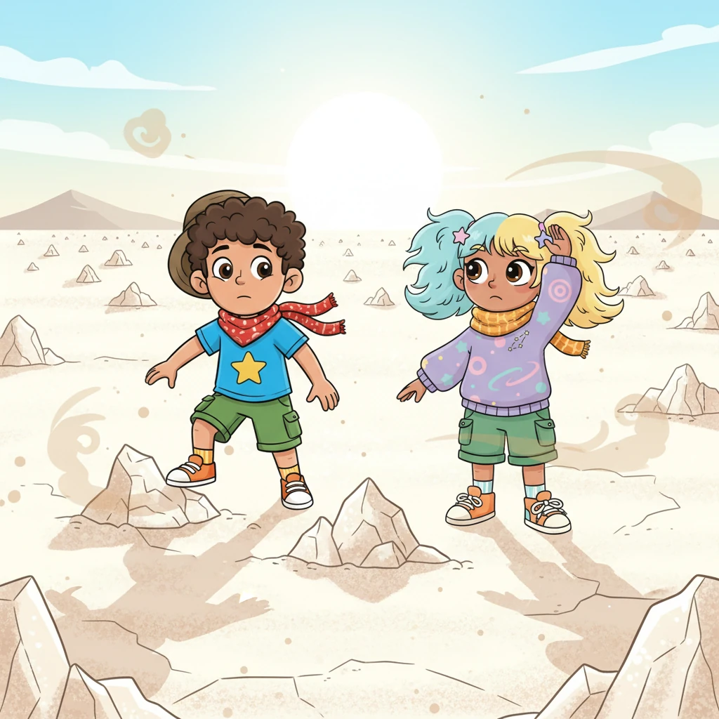 Soon, the landscape transformed into an endless salt desert, sparkling like snow but burning with intense heat. The ground shimmered with blinding white crystals, reflecting the harsh sun. Mateo and Elena wore bright scarves to shield their faces from the hot, dusty wind, their expressions a mix of awe and weariness as they traversed this otherworldly terrain.