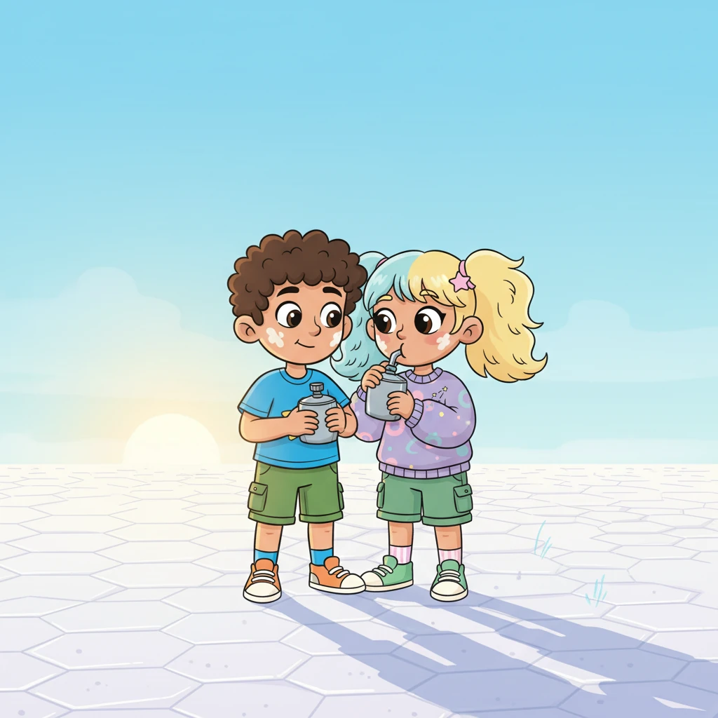 Under the vast, clear sky of the salt desert, the family paused for a brief rest. They huddled together, sharing a precious sip of water from a small canteen, their faces streaked with dust. Even amidst the stark beauty, a moment of quiet connection and shared strength brightened their spirits, a testament to their unwavering family bond.