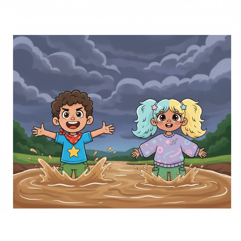 With a deep breath, the family waded into the powerful river, the muddy water rising to their waists. The sky above them was a dramatic canvas of heavy, gray clouds, threatening a storm that mirrored the turbulent current. Small, brave figures, they battled against the river's strong pull, their determination shining through their struggle.