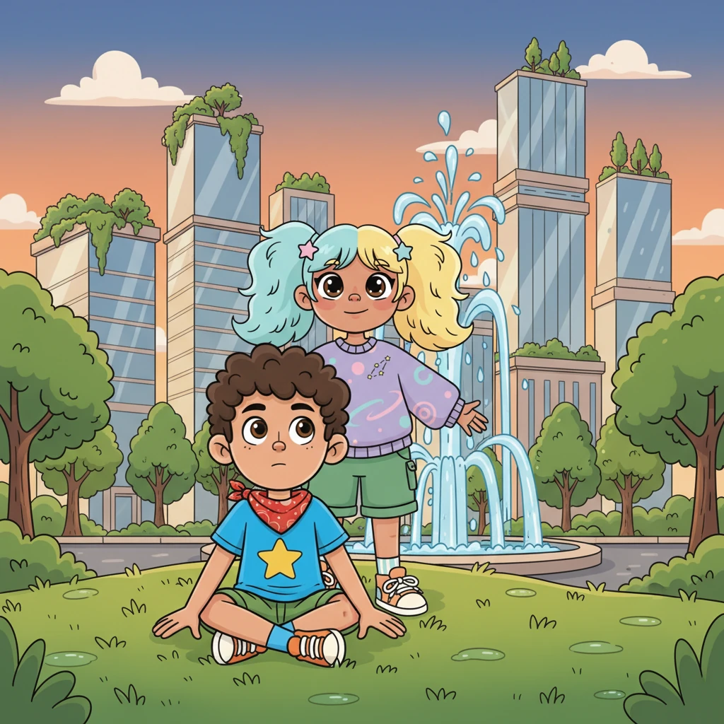 They arrived at the outskirts of the North City, a vibrant contrast to their arid homeland. Tall buildings with lush rooftop gardens reached towards the sky, and the streets were lined with countless green trees. Mateo sat on the cool, damp grass of a park, feeling a strange mix of homesickness and relief. As the sun set, casting an orange glow over the glass buildings, he saw his mother smile by a sparkling fountain, and knew their long journey had been worth every step.