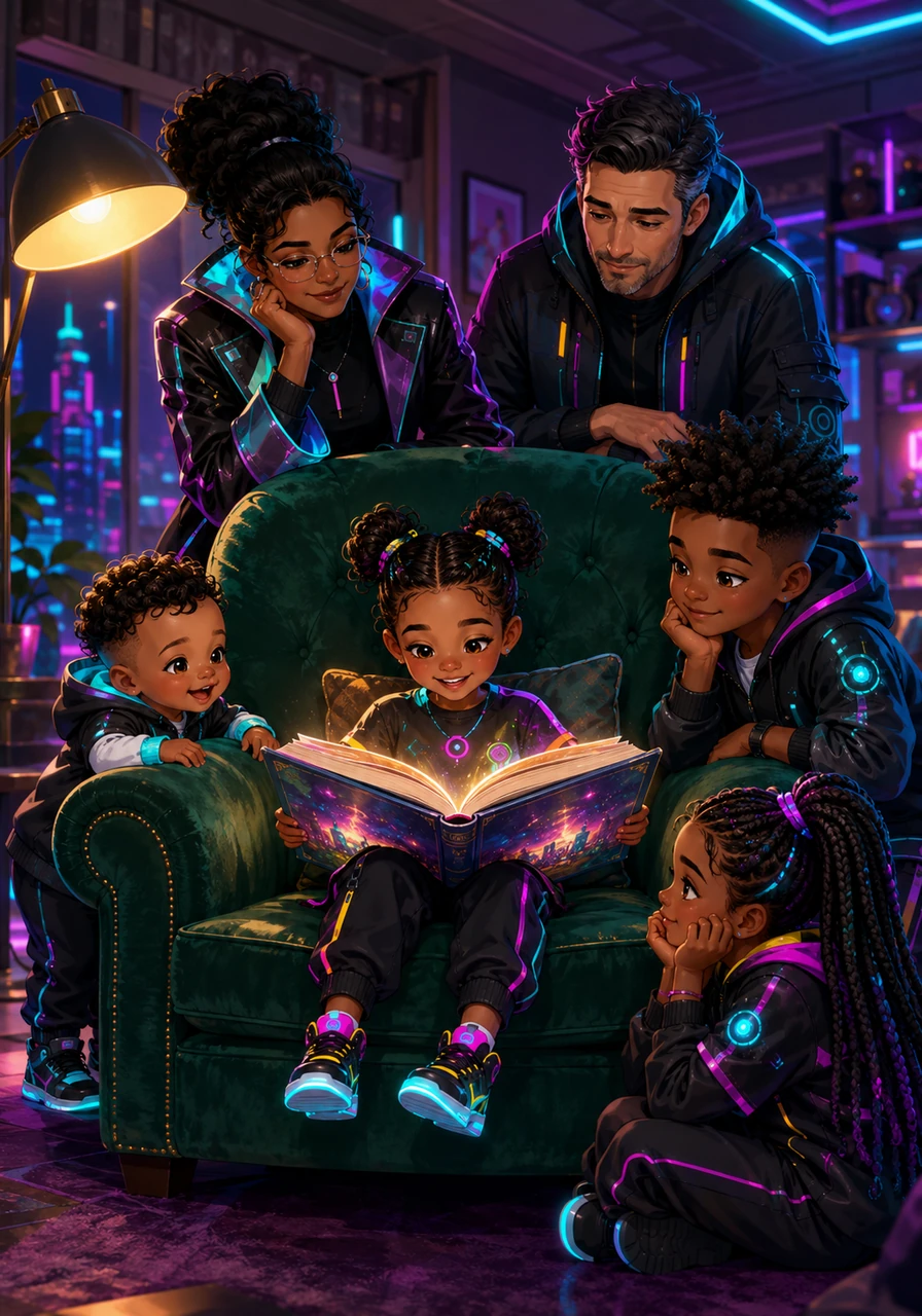 Little Janeen snuggles deep into a velvet, emerald-green armchair, her tiny feet dangling as she gets lost in the pages of a giant picture book. The soft glow of the living room lamp creates a cozy sanctuary where her imagination begins to soar.