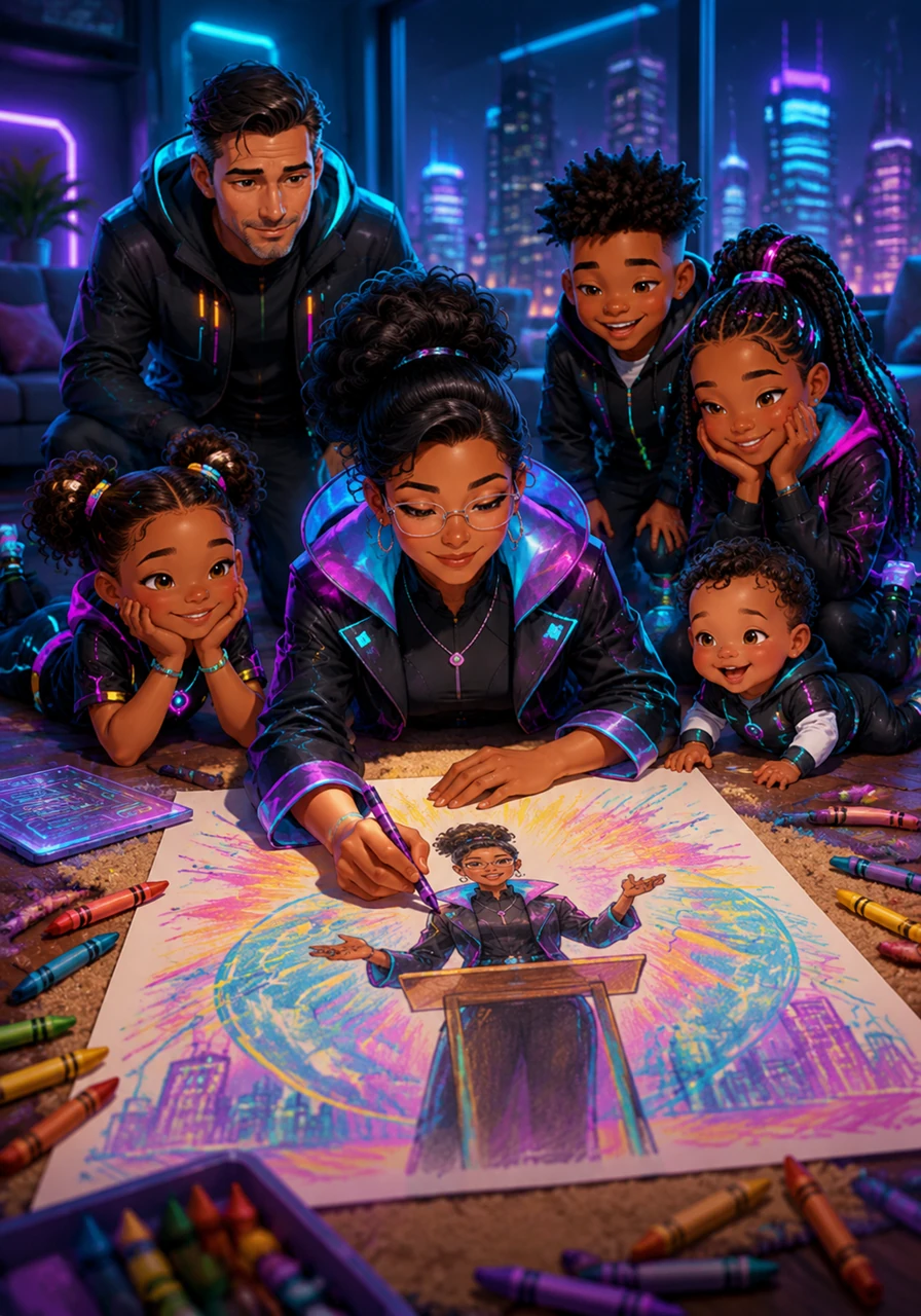 Sprawled on the floor with vibrant crayons, Janeen carefully draws a picture of herself standing at a podium. She imagines a future where her voice carries weight and her ideas change the world, filling the paper with bright colors and bold dreams.