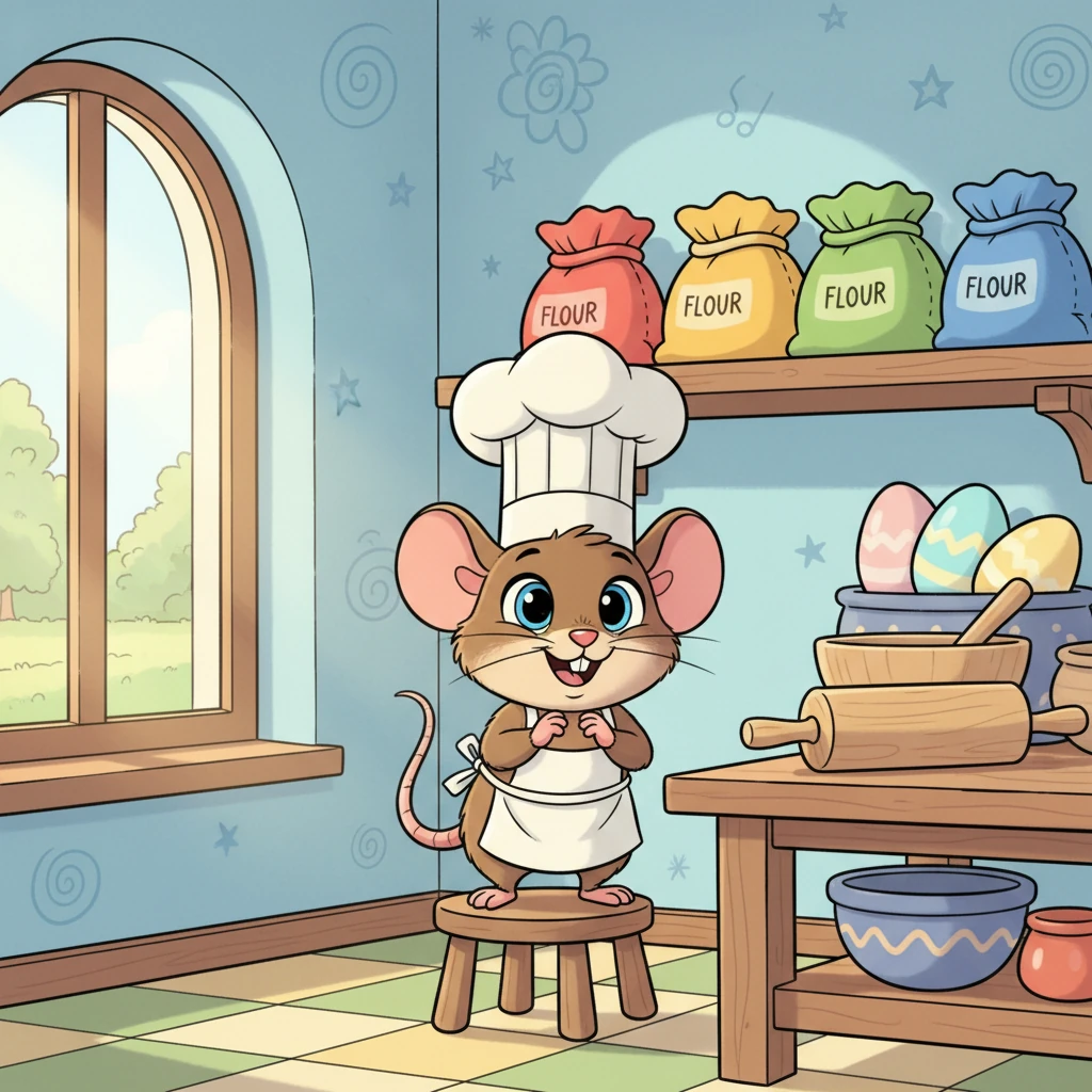 Pip Squeakerton, a tiny mouse with a chef's hat perched jauntily, stood in his vibrant, cozy kitchen. Rainbow-colored flour bags and oversized eggs dotted the shelves, ready for a grand baking project. He rubbed his paws together with a determined grin, eager to create something truly magnificent today.