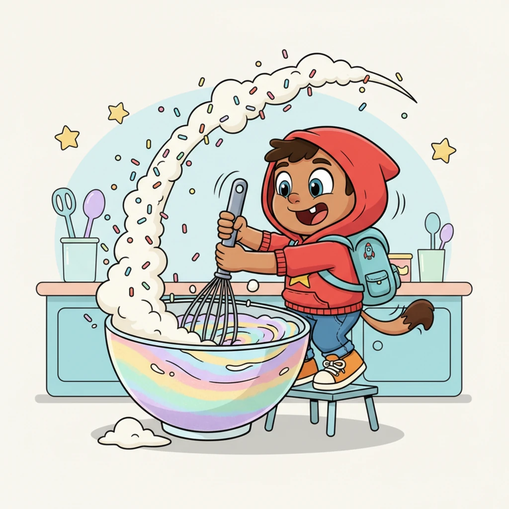 With a flourish, Pip began to mix, swirling a giant whisk through a bowl that seemed bigger than him. Flour puffed into whimsical clouds, and sprinkles rained down like confetti as he stirred with joyful abandon. His little tail twitched with excitement as the batter grew fluffier and more colorful.