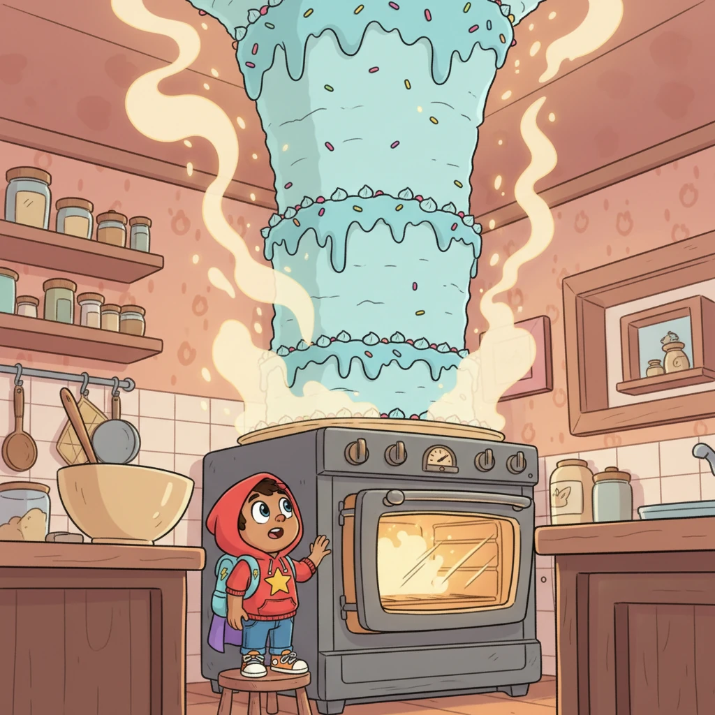 The enormous cake batter was carefully poured into an oven that glowed with a magical warmth. Soon, the cake began to rise, and rise, and rise, pushing the oven door open and towering towards the kitchen ceiling. Pip watched in awe, his eyes wide with wonder at his colossal creation.