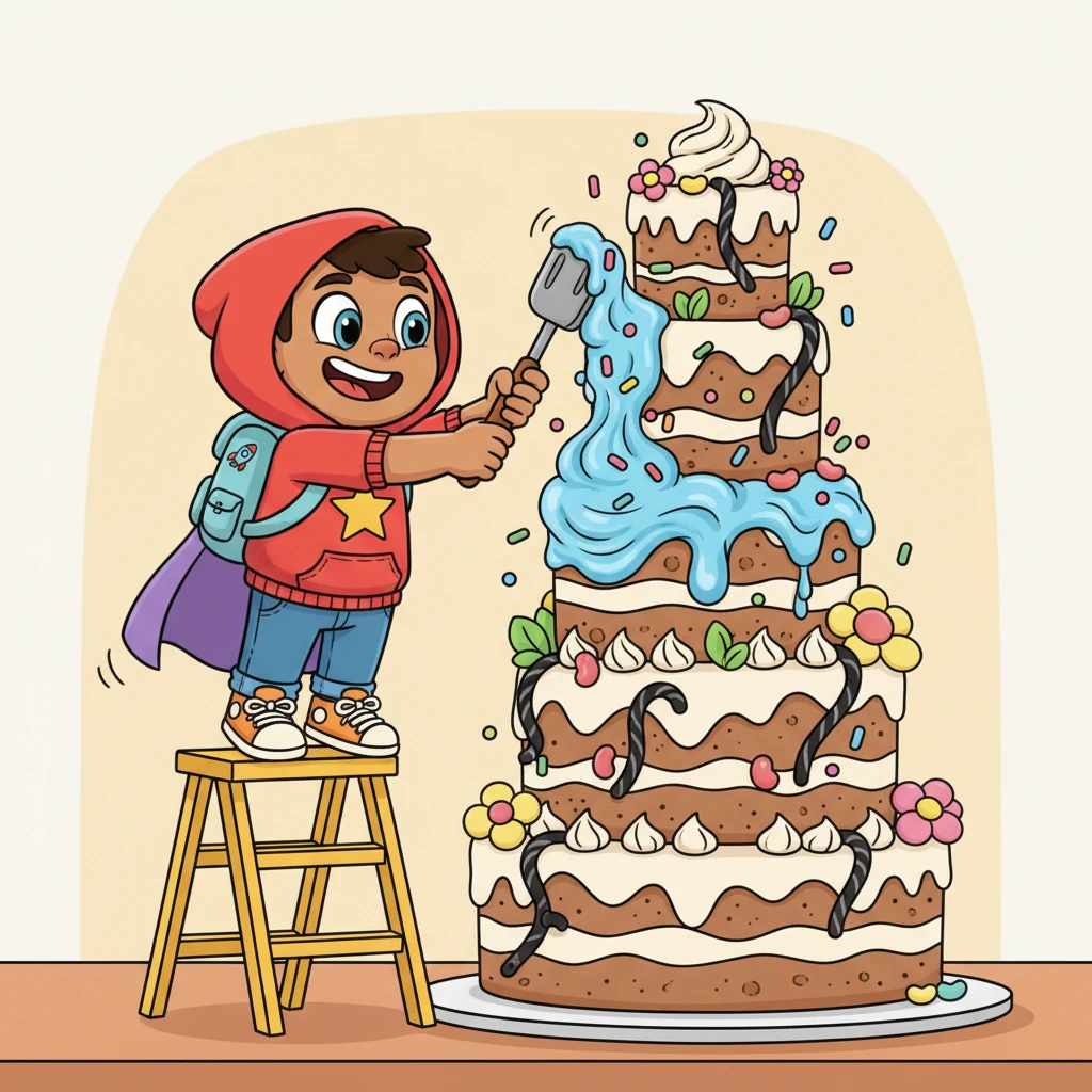 Once cooled, the cake was a masterpiece of sugary delight, stretching higher than Pip could reach. He zoomed around on a little ladder, slathering on swirls of bright blue frosting and showering it with every imaginable candy. Playful gumdrop flowers and licorice vines adorned its many layers.