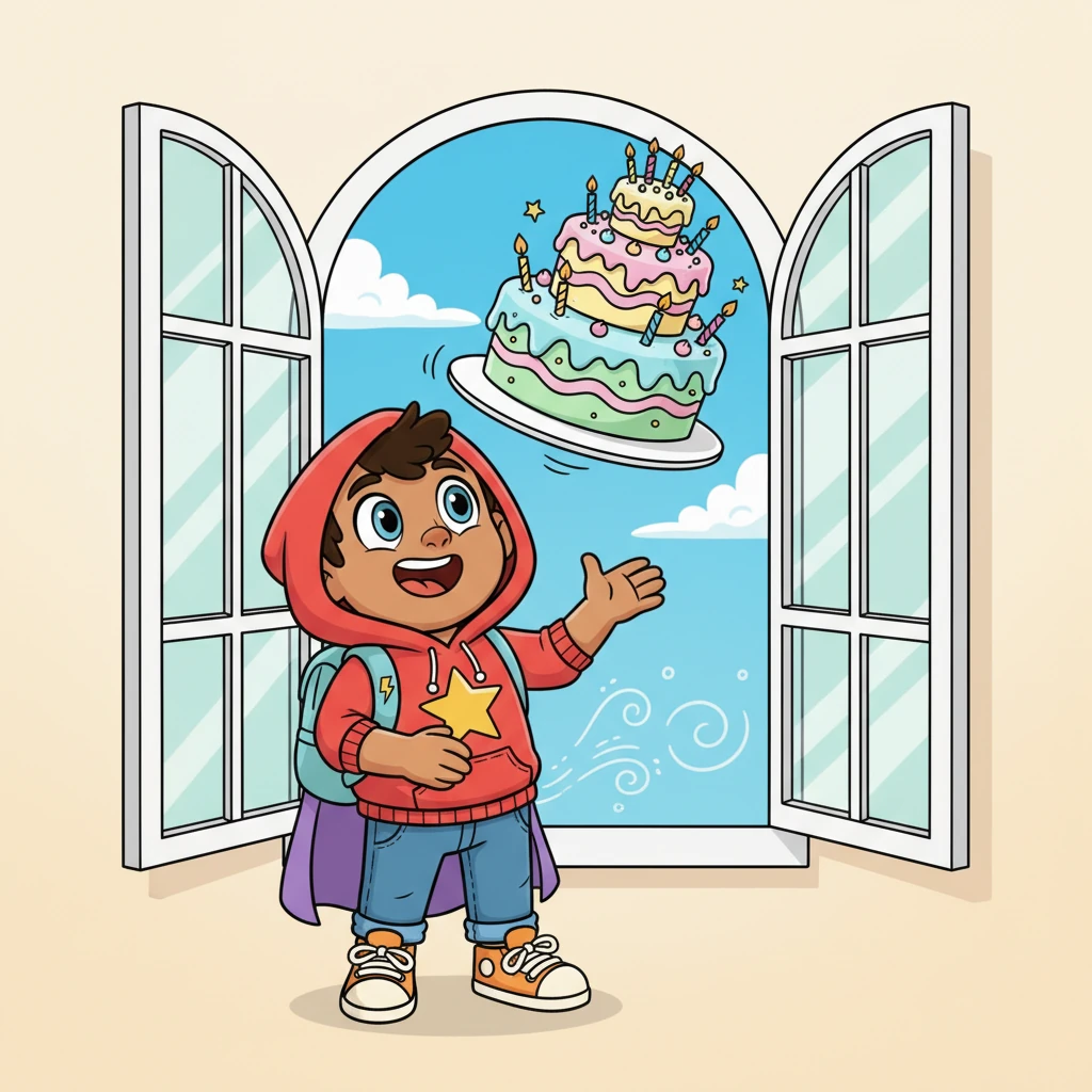 Suddenly, a gentle breeze wafted through the open window, catching the giant cake like a colorful hot air balloon. It wobbled, then slowly, gracefully, began to float upwards and out into the bright sky. Pip gasped, then giggled, realizing his cake had a mind of its own!
