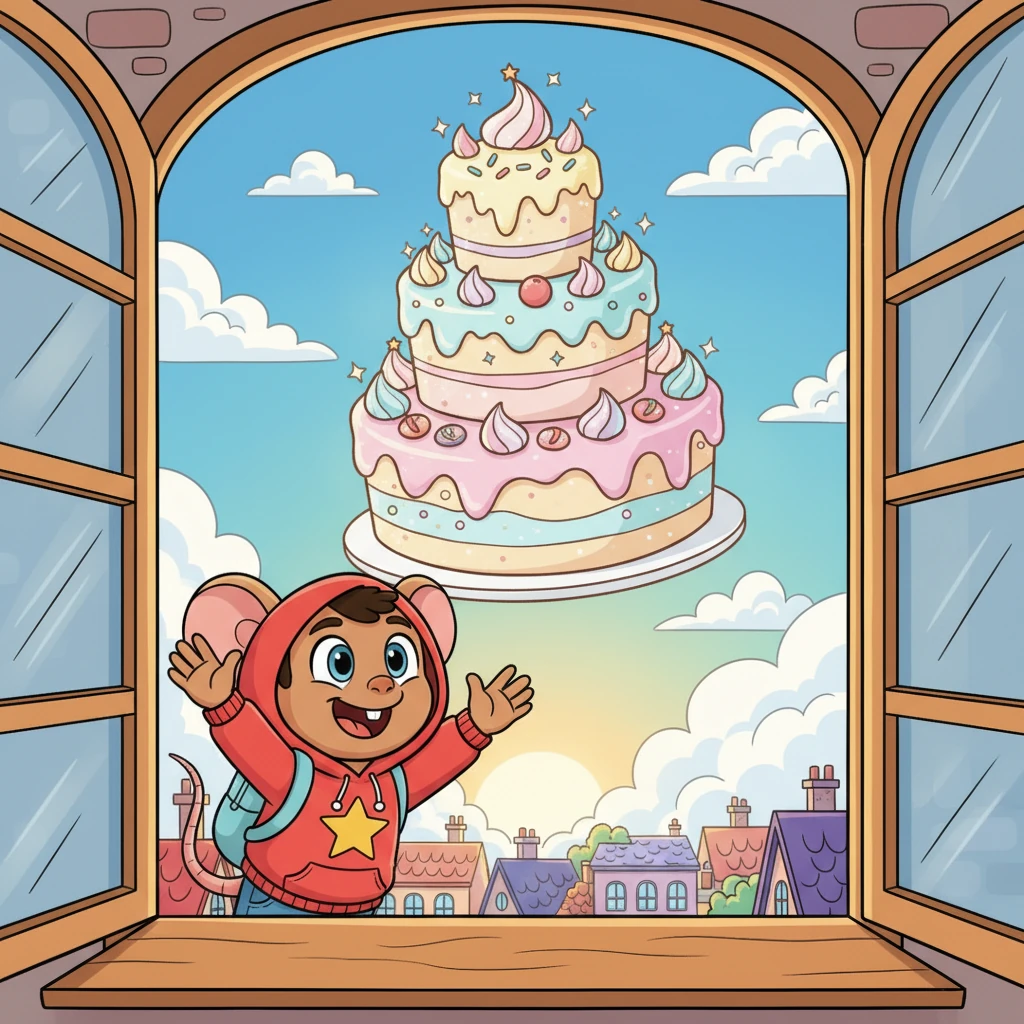 Pip rushed to the window, waving goodbye with both paws as his magnificent cake drifted peacefully over the rooftops of the town. The sun glinted off its sugary peaks, making it sparkle like a giant, edible jewel against the blue. What an unexpected and exciting journey it was beginning!