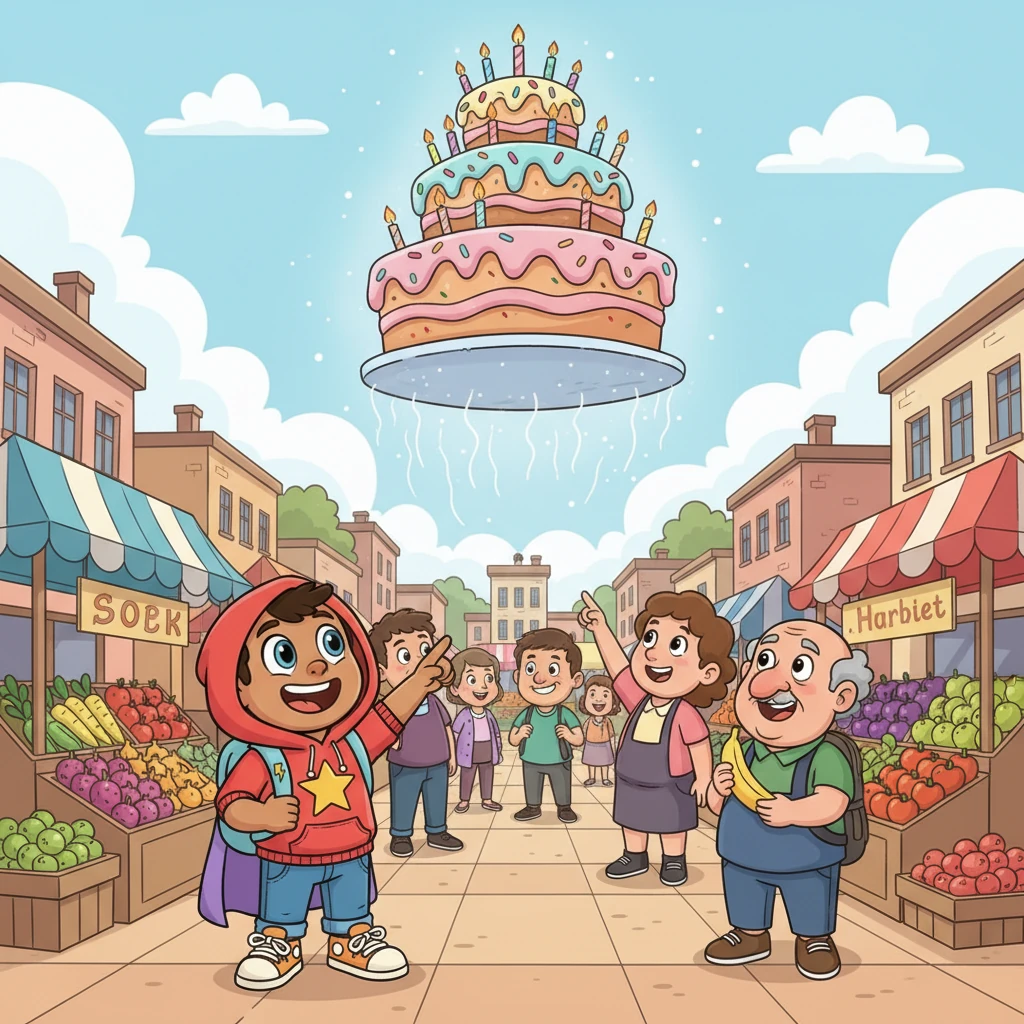 The floating cake sailed over the bustling town market, where vendors were usually busy and a bit grumpy. As its sweet aroma drifted down, everyone paused, looked up, and burst into delighted smiles, pointing at the incredible sight. Even the grumpiest fruit seller cracked a wide grin.