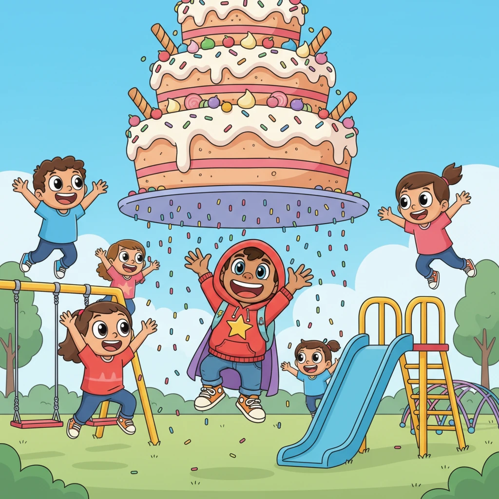 Next, the cake floated past a lively playground, where children were mid-swing and mid-slide. Their eyes grew enormous at the sight of the giant, candy-covered treat in the sky. They bounced with joy, leaping and reaching for the showers of sprinkles that gently fell from its bottom layer.