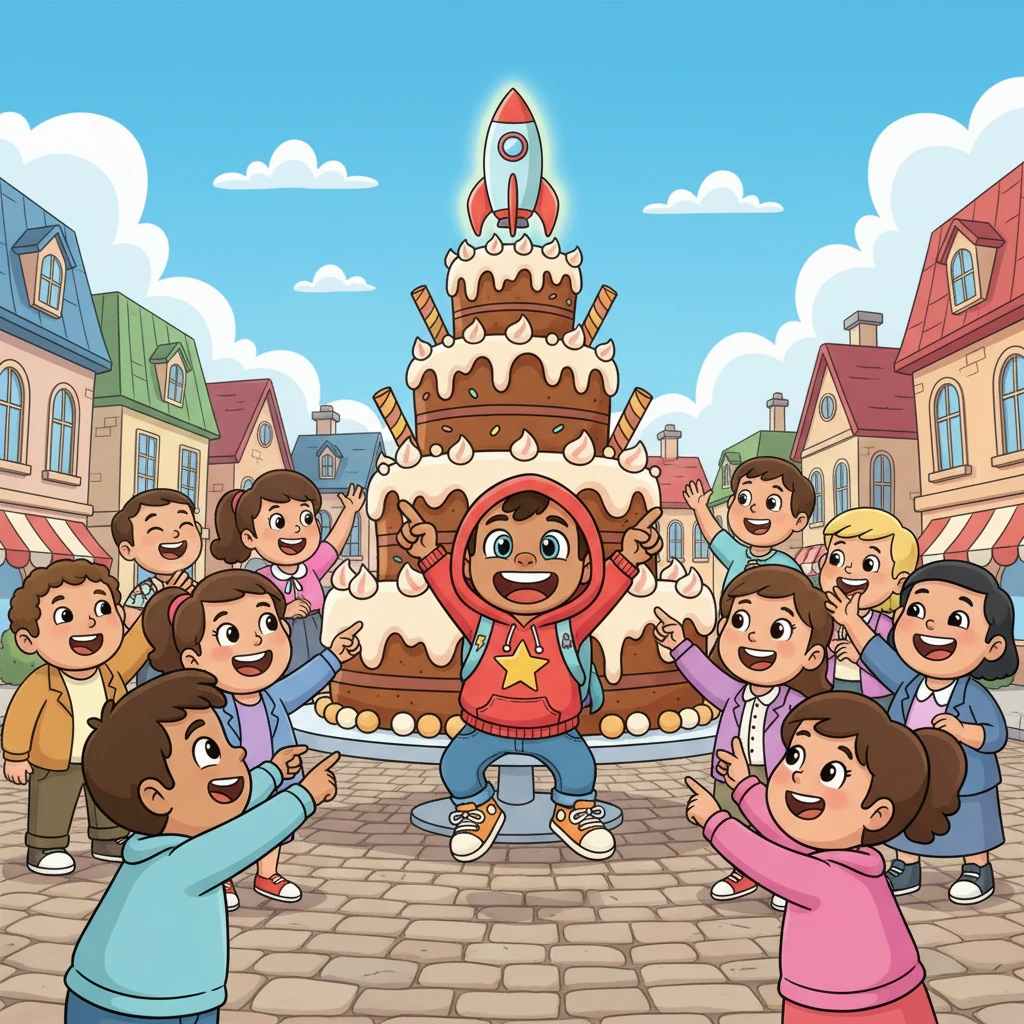With a soft landing, the magnificent cake settled perfectly in the center of the town square, becoming the most incredible centerpiece anyone had ever seen. People gathered from all corners, their faces alight with curiosity and cheer. A spontaneous, joyous festival was about to begin!