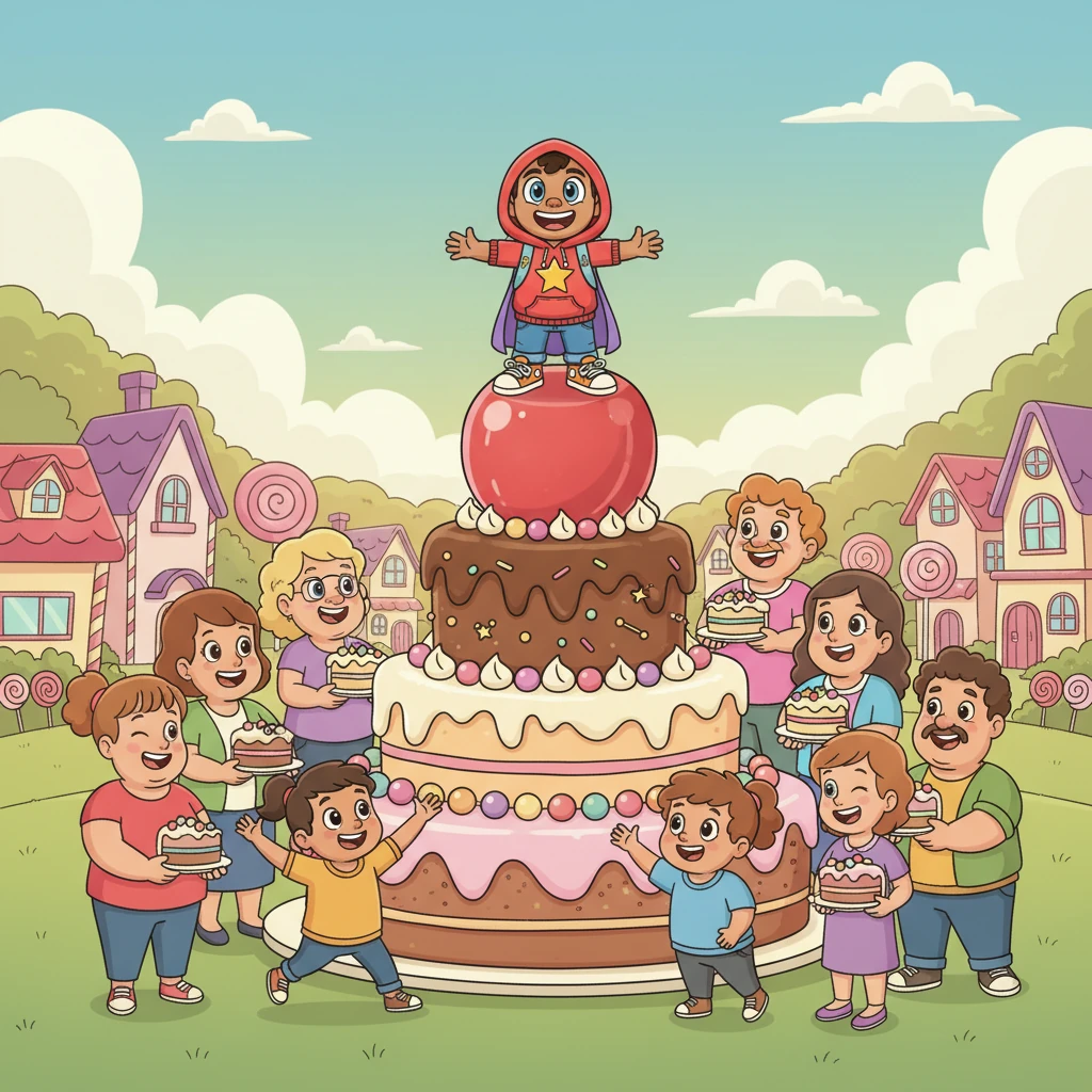 Everyone in town, big and small, shared slices of Pip's fantastical cake, laughing and chatting under the warm afternoon sun. Pip, perched proudly on a gumdrop, watched his community celebrate, feeling his heart swell with the sweet joy of sharing his delicious creation. It was the best day ever!