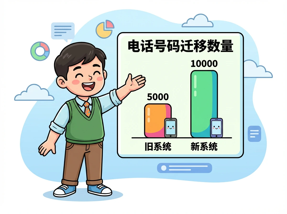第一个图表出现了！它显示了不同时间段，电话号码从旧系统迁移到新系统的数量。颜色鲜艳，简单易懂。