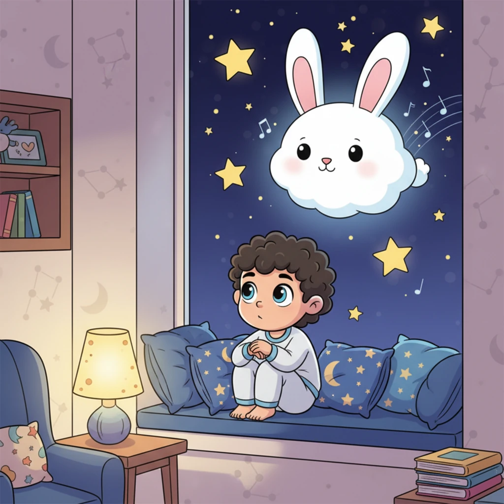 Leo, a small child with bright, wondering eyes, sits on a plush window seat, gazing out at a sky full of twinkling stars. A fluffy cloud in the shape of a friendly bunny floats by, and Leo's thoughtful expression shows a mind full of big questions. The room is cozy with soft lamplight, hinting at the quiet wonder of night.