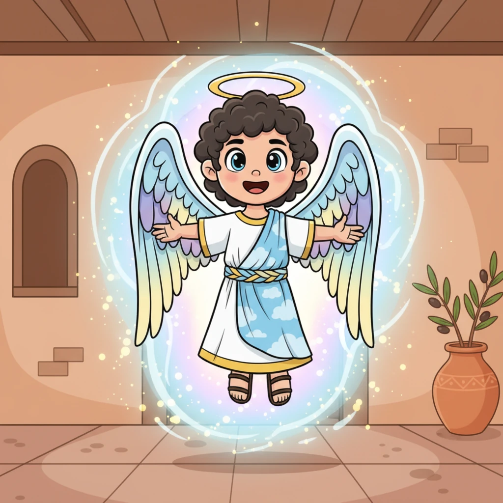 Suddenly, a gentle shimmer of light appears in the room, and from it emerges Gabe, a radiant, winged messenger with a warm, comforting smile. Gabe’s soft, glowing wings are a rainbow of pastel colors, and he floats effortlessly, his presence filling the room with a peaceful, joyful glow.