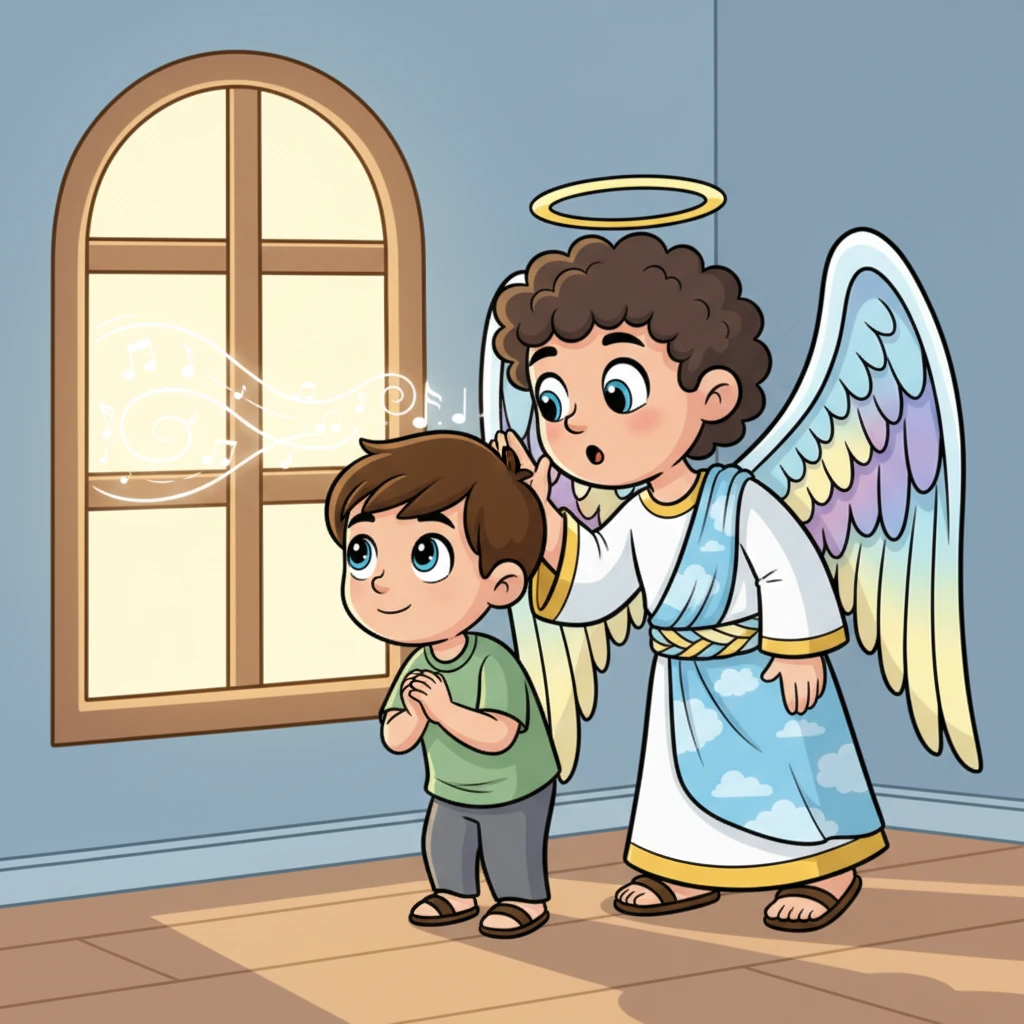 Gabe leans in with a friendly twinkle in his eye, sharing a quiet message with Leo. He gestures softly towards the window, encouraging Leo to listen not just with ears, but with an open heart to the whispers of the world. Leo looks captivated, leaning forward slightly, utterly enchanted by Gabe's gentle words.