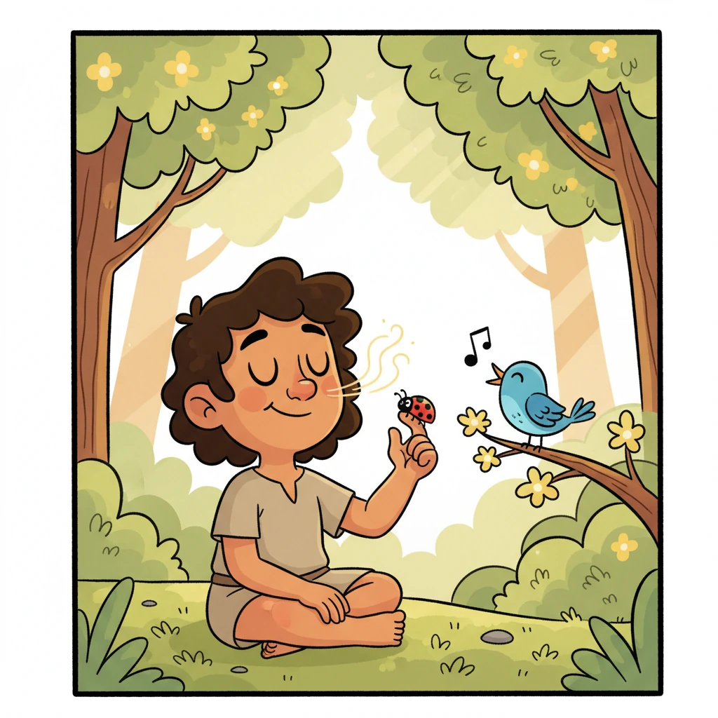 Leo, inspired, closes their eyes, sitting cross-legged on the floor, ready to listen. A playful breeze tickles their nose, a distant bird sings a sweet melody, and a tiny, brightly colored ladybug crawls gently across their finger. Leo smiles, feeling the world's gentle hum and its quiet magic.