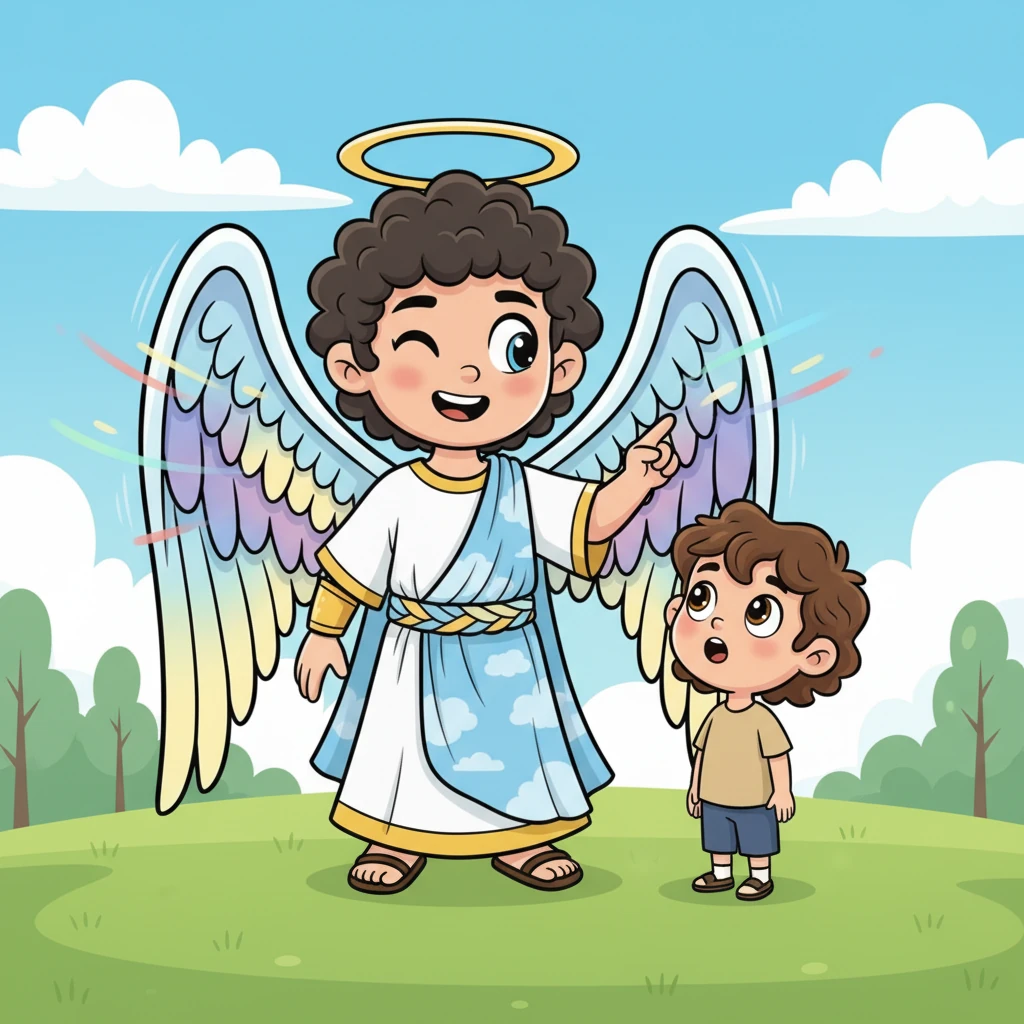 Gabe reappears, this time with a playful wink and a gesture towards Leo's mouth. He encourages Leo to find their own unique voice and share their special thoughts and feelings with the world. His expression is one of joyful encouragement, his wings fluttering softly with vibrant energy.