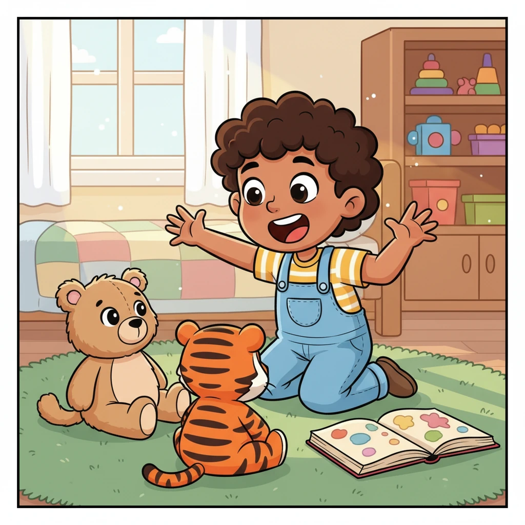 A little shy but determined, Leo gathers their favorite stuffed animals, a fluffy bear and a striped tiger, for an audience. Leo then enthusiastically tells them a grand, imaginative story, using funny voices and expressive hand gestures. The toys seem to listen intently, wide-eyed at Leo's animated tale.