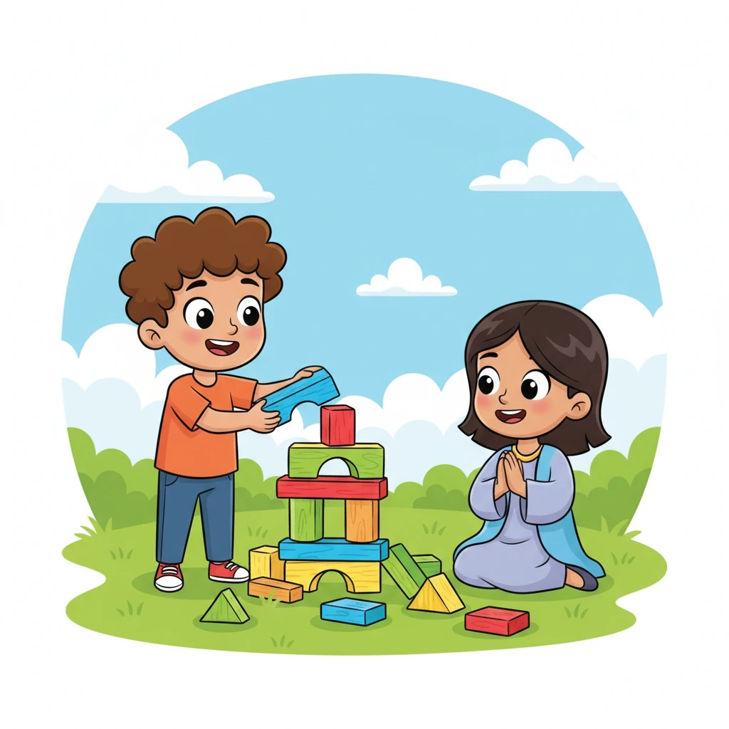 The next day, Leo spots a friend, Maya, looking puzzled over a colorful block tower that keeps tumbling down. Remembering Gabe’s words, Leo walks over with a cheerful smile and offers to help rebuild the tower, carefully placing a block. Maya smiles back gratefully, and together they build a magnificent structure.