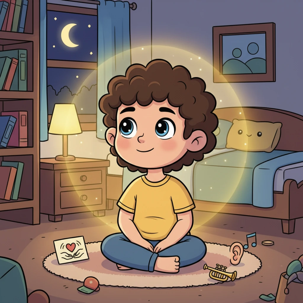 Later, back in their cozy room, Leo sits quietly, a warm, contented smile on their face. They reflect on all of Gabe's wonderful messages, understanding that listening, sharing, and being kind are the greatest treasures. A soft, inner glow seems to surround Leo, reflecting their newfound wisdom.