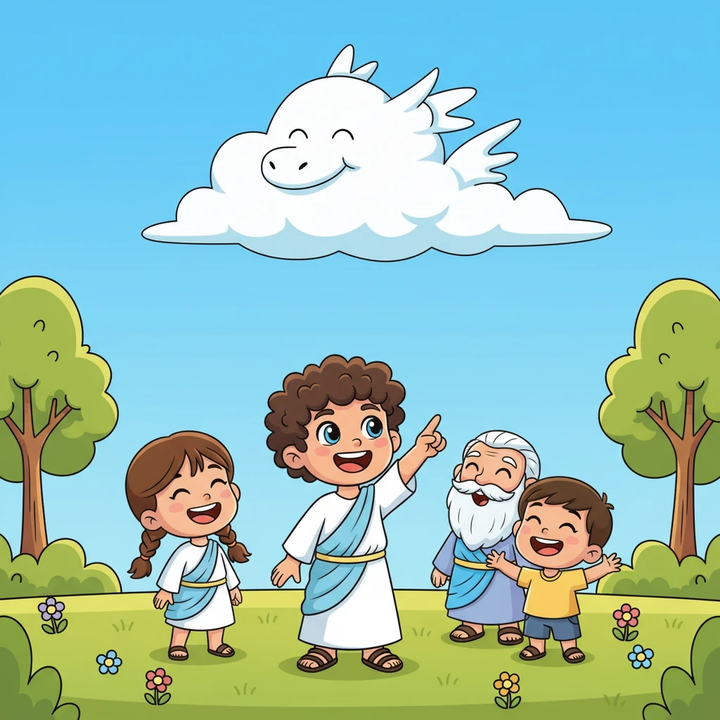 Now confident and joyful, Leo stands in a sunny park, sharing a fascinating discovery about a unique cloud shape with a group of laughing friends. Leo's eyes sparkle with newfound wisdom, embodying the spirit of a happy messenger, spreading curiosity and connection to everyone around them.