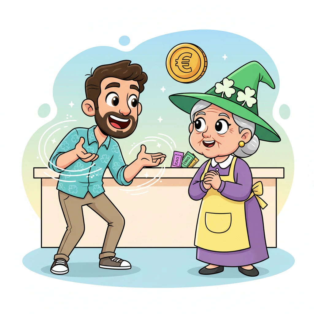 Emocionado, Leo corrió a hablar con Doña Suerte, la amable dueña de la administración. Con grandes gestos y un entusiasmo contagioso, le explicó su idea de una 'web' mágica. Doña Suerte, con su gorro de la suerte, escuchó atentamente y sus ojos se iluminaron con una sonrisa.