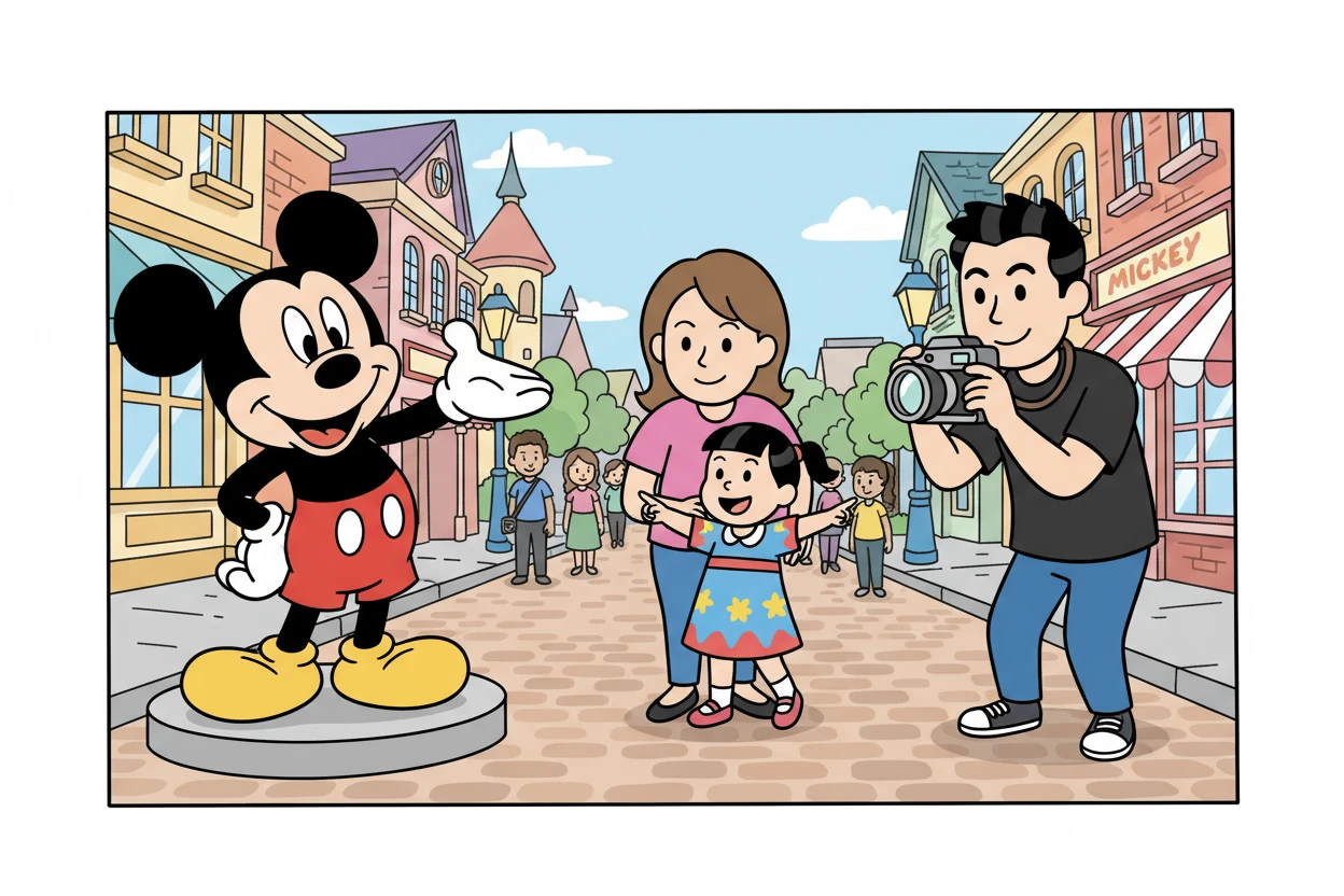 第一站，蝈姜春和爸爸妈妈来到了米奇大街，她开心地指着米奇的雕像，开心的笑容像盛开的花朵一样。妈妈温柔地搂着她，爸爸则举起相机，记录下这珍贵的瞬间。