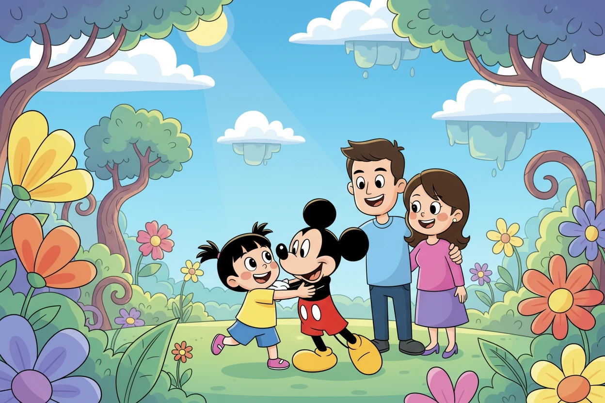 紧接着，蝈姜春在奇想花园里遇到了米奇，她兴奋地跑上前去，紧紧地抱住了米奇，仿佛拥有了全世界的快乐。爸爸妈妈在一旁看着，脸上也洋溢着幸福的笑容。