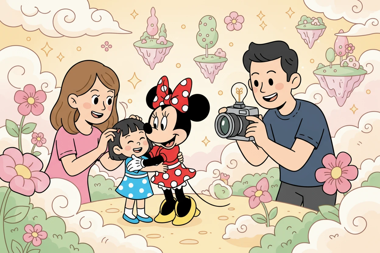 在梦幻世界里，蝈姜春与米妮亲密合影。米妮亲昵地搂着蝈姜春，蝈姜春也开心地回应着，仿佛她们是多年的好朋友。 妈妈在一旁整理着蝈姜春的头发，爸爸则忙着拍照。