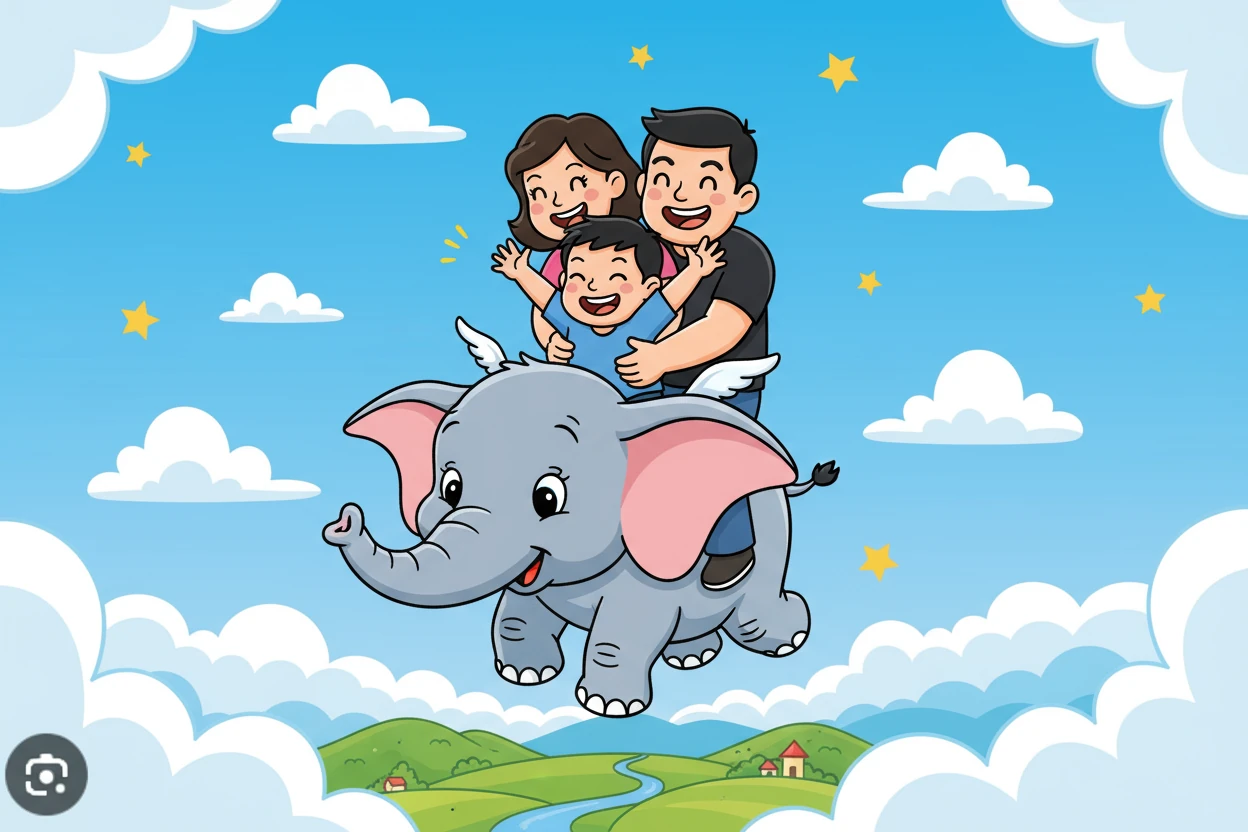 蝈姜春和爸爸妈妈一起乘坐了小飞象，在空中飞翔，蝈姜春兴奋地挥舞着小手，仿佛自己也变成了一只可爱的小象。爸爸妈妈也露出了童真的笑容。