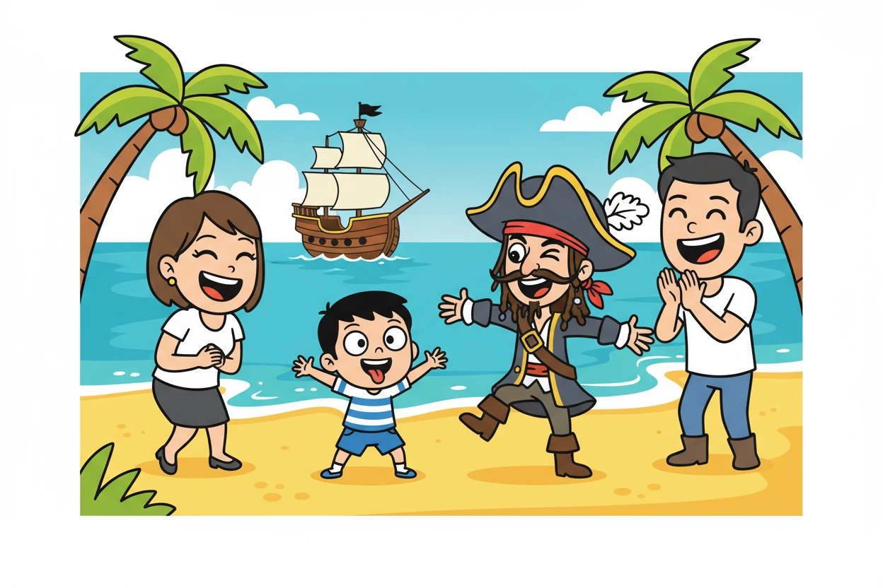 接下来，蝈姜春在宝藏湾与杰克船长合影，杰克船长摆着搞怪的姿势，蝈姜春也学着他的样子，做出有趣的表情，逗得爸爸妈妈哈哈大笑。