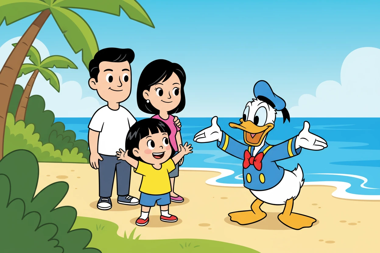 在探险岛，蝈姜春遇到了唐老鸭，唐老鸭热情地和她打招呼，蝈姜春也开心地回应着，仿佛他们是老朋友一样。爸爸妈妈在一旁看着，心里充满了温馨。