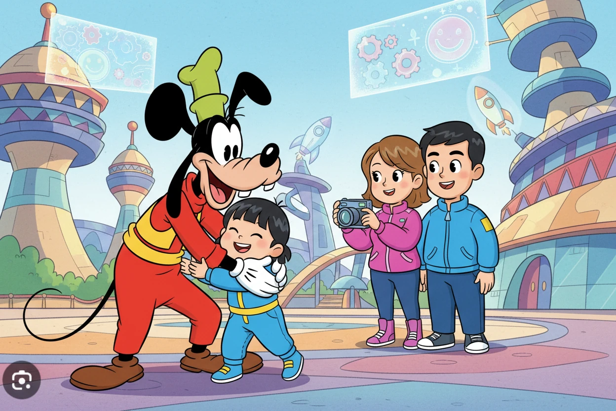 在明日世界，蝈姜春与高飞合影，高飞热情地搂着她，蝈姜春也开心地依偎在高飞的怀里。爸爸妈妈在一旁，记录下这难忘的瞬间。