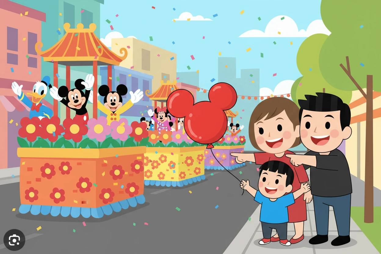 蝈姜春和爸爸妈妈一起欣赏了精彩的巡游，花车缓缓驶过，各种迪士尼卡通人物向她挥手致意，蝈姜春兴奋地挥舞着手中的气球。