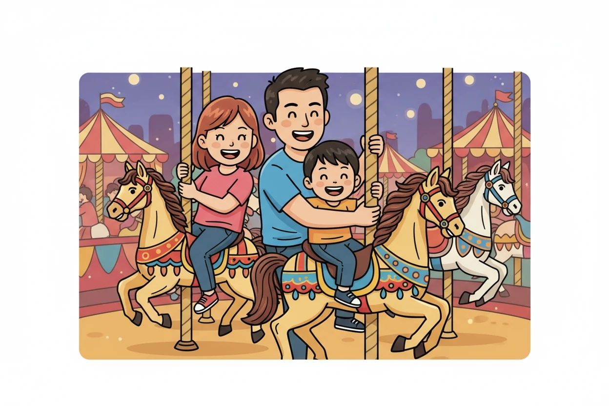 蝈姜春在旋转木马上，和爸爸妈妈一起，享受着浪漫的时光。旋转木马缓缓转动，蝈姜春的脸上充满了幸福的笑容。