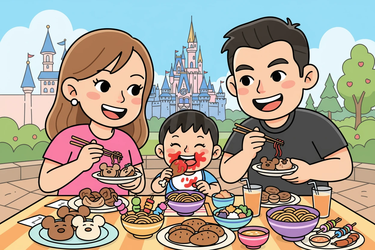 午餐时间，蝈姜春和爸爸妈妈一起品尝了美味的迪士尼美食，蝈姜春吃得津津有味，脸上沾满了酱汁，显得更加可爱。