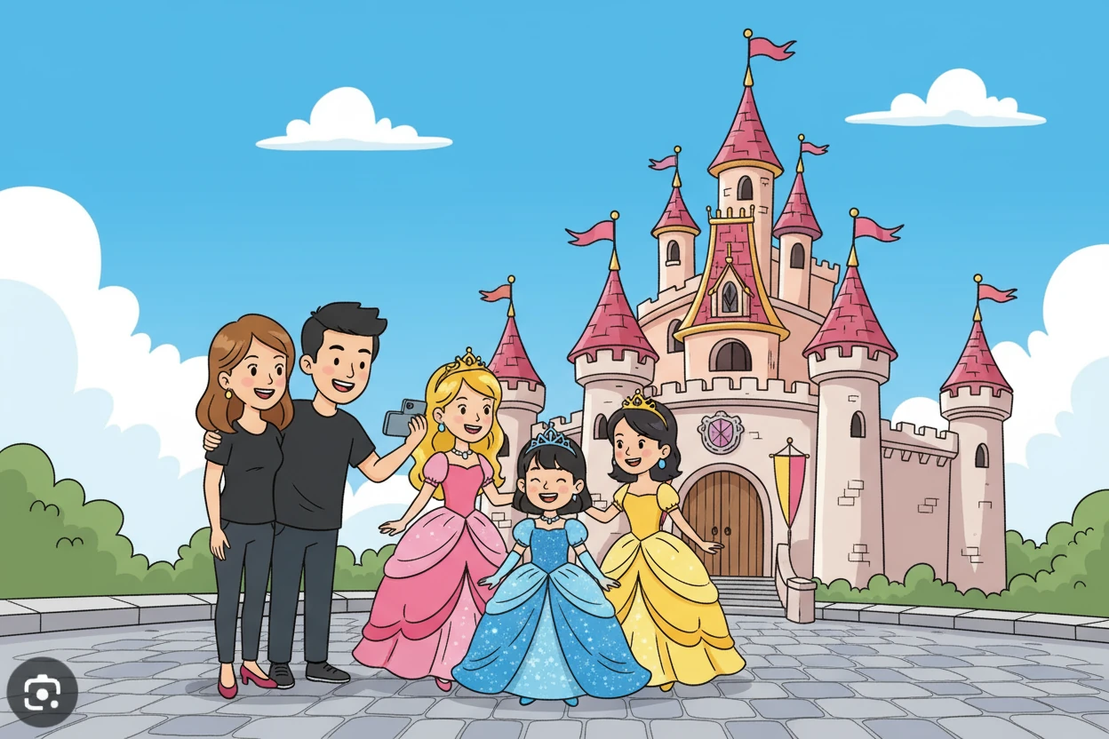 下午，蝈姜春在城堡前，与公主们合影，她穿着公主裙，仿佛自己也变成了一位美丽的公主。 爸爸妈妈在一旁，为她骄傲。