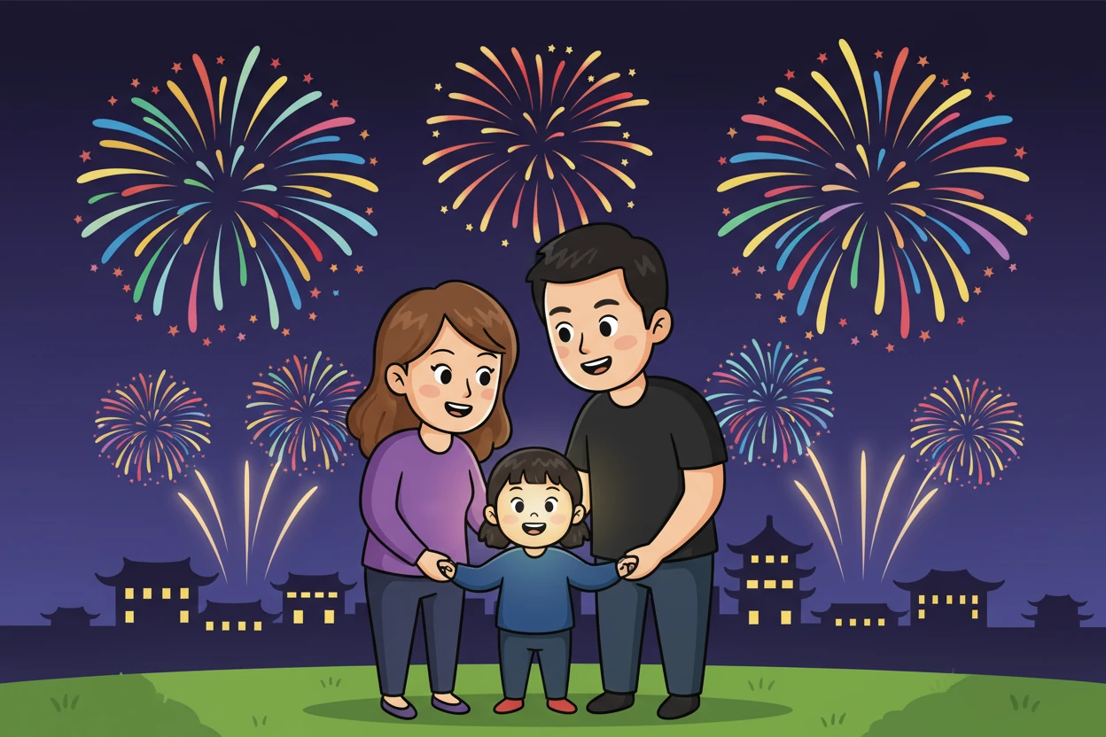 傍晚，蝈姜春和爸爸妈妈一起欣赏了美丽的烟花表演，绚丽的烟花在夜空中绽放，照亮了蝈姜春的笑脸，她紧紧地抓着爸爸妈妈的手。