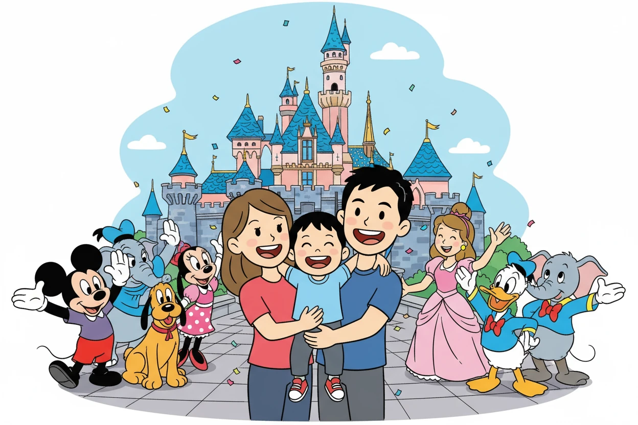 在离开迪士尼乐园前，蝈姜春一家与所有迪士尼卡通人物合影留念，蝈姜春被爸爸妈妈抱在中间，脸上洋溢着幸福的笑容，仿佛拥有了全世界。