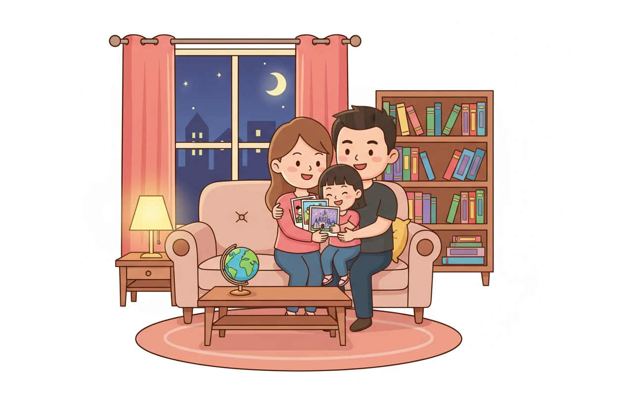 回到家后，蝈姜春翻看着在迪士尼乐园拍摄的照片，回忆着这一天的美好时光。她紧紧地抱着爸爸妈妈，感谢他们带给她的一切。