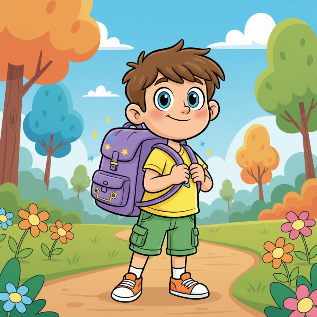 Theo, um menino de sorriso travesso e olhos curiosos, estava sempre pronto para uma aventura. Sua mochila, à primeira vista, parecia comum, mas um brilho sutil em seus tecidos coloridos já denunciava que ela guardava um segredo muito especial. Ele a abraçava com carinho, sentindo a promessa de um dia divertido.