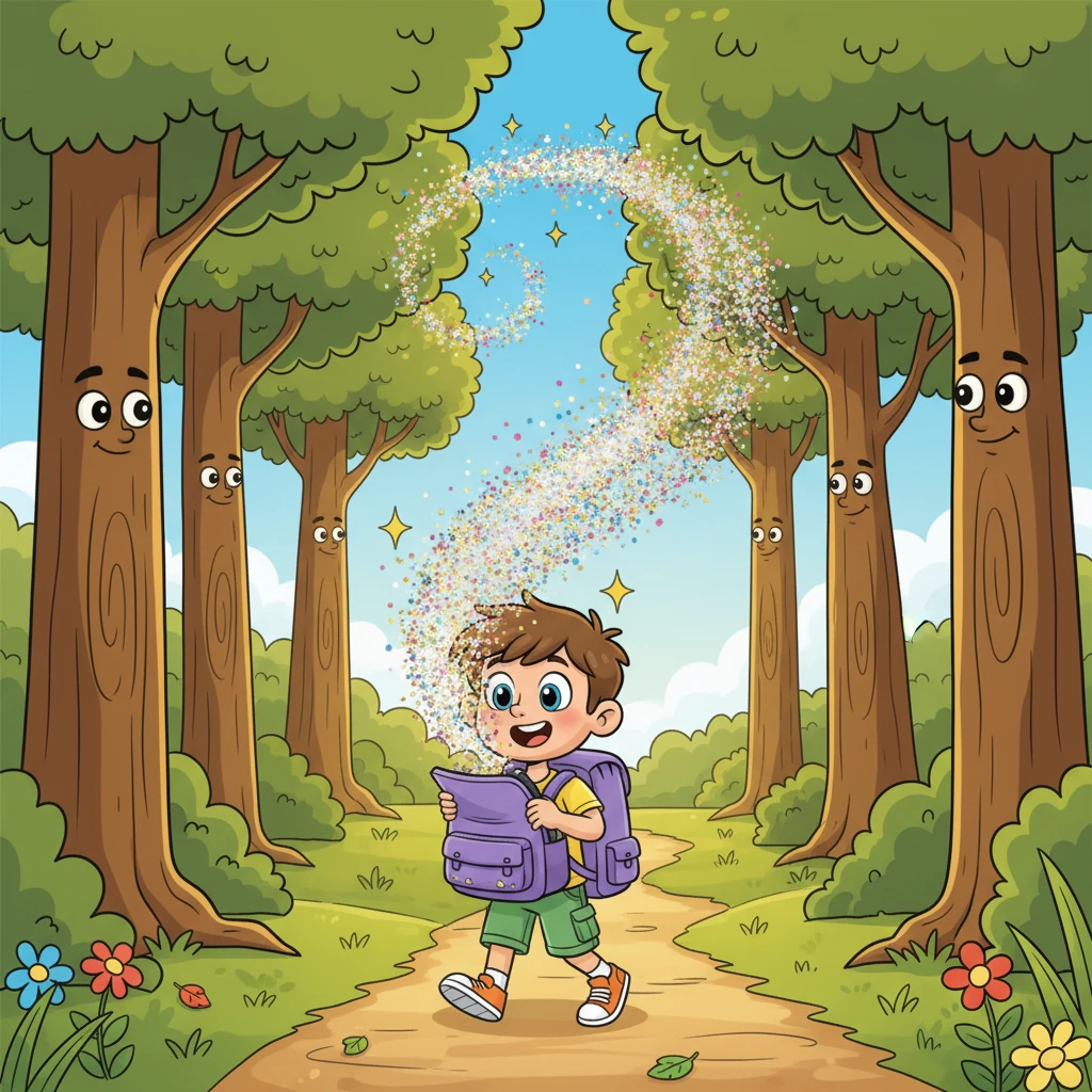 Certo dia ensolarado, Theo decidiu explorar o bosque atrás de sua casa. Enquanto caminhava, ele abriu a mochila, e de dentro dela saiu uma pequena nuvem de purpurina cintilante, quase como um convite para a diversão que estava prestes a começar. Seus olhos brilharam de antecipação.