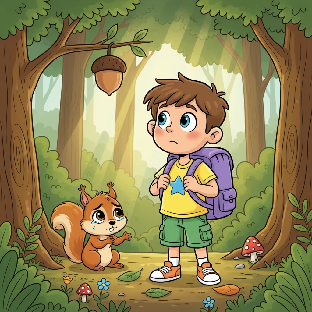 No meio do bosque, Theo encontrou um esquilo triste que não conseguia alcançar uma noz pendurada num galho alto demais. Theo sentiu um aperto no coração e pensou em como poderia ajudar seu novo amigo peludo. Ele olhou para a mochila, esperando uma ideia.