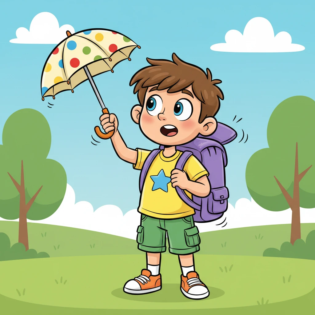 A mochila de Theo então deu uma sacudida engraçada e, de repente, um pequeno guarda-chuva de bolinhas coloridas saltou para fora, abrindo-se sozinho no ar. Theo pegou o guarda-chuva, um pouco confuso, mas sorrindo para a surpresa inusitada.