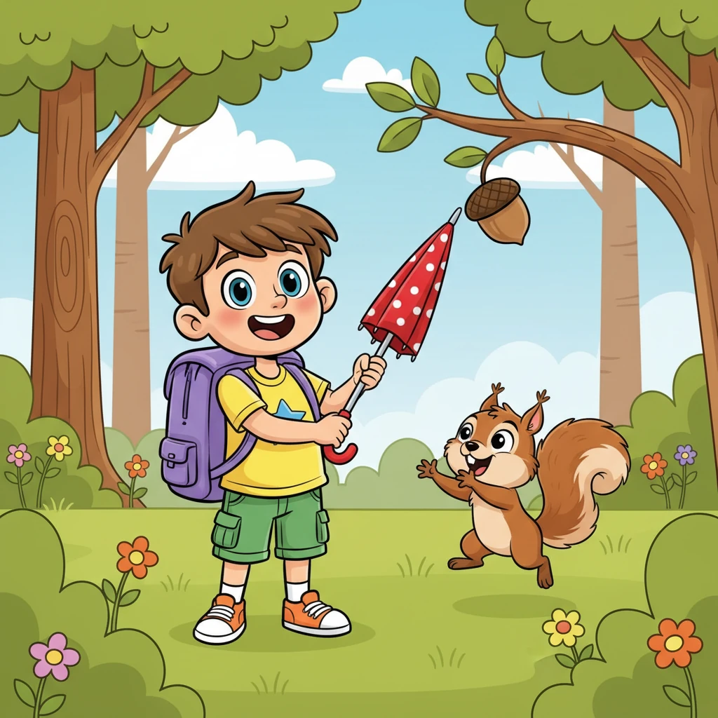 Com uma ideia brilhante, Theo usou o guarda-chuva de bolinhas como uma vara para empurrar o galho. A noz caiu suavemente no chão, bem na frente do esquilo, que pulou de alegria e agradeceu com um aceno de sua cauda fofa.